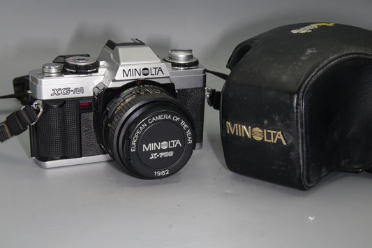Minolta XG-M 35mm SLR Film Camera + Rokkor 50mm f/1.7 Lens, Case & Batteries