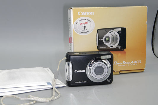 Boxed Canon PowerShot A480 10MP Black Digital Camera – 3.3x Zoom, AA Battery