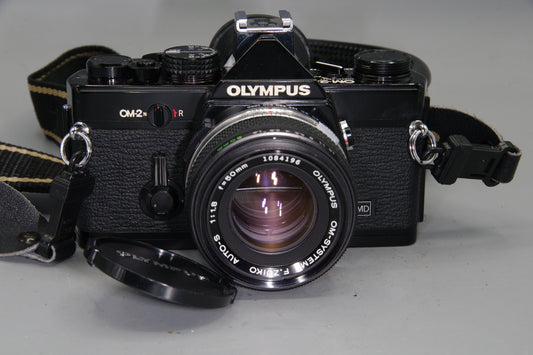 Olympus OM-2N Black 35mm SLR + Zuiko 50mm f/1.8 Lens – Tested & New Batteries