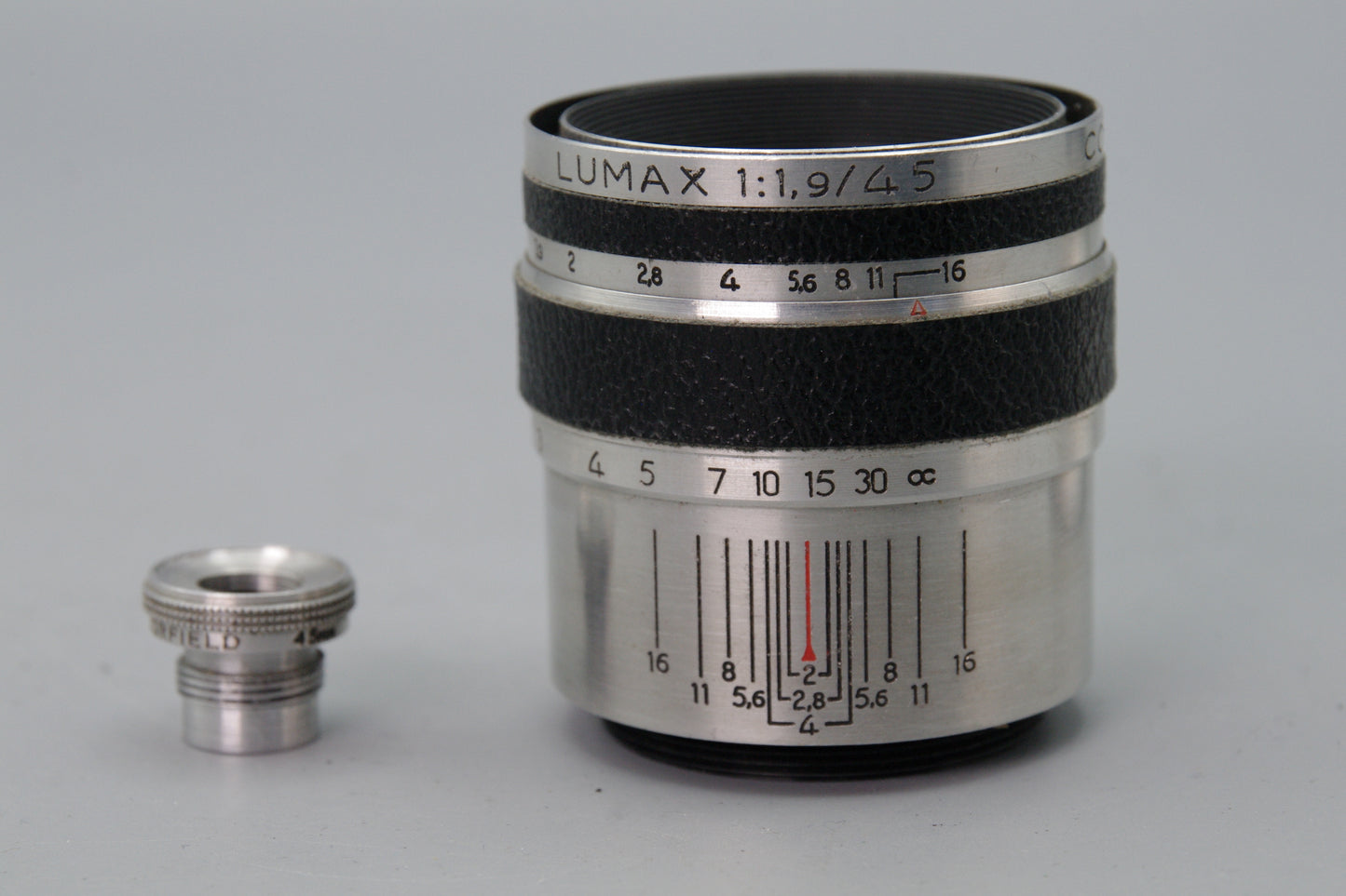 Corfield Lumax 45mm f/1.9 Lens with Viewfinder Adapter M39 Mount – Good