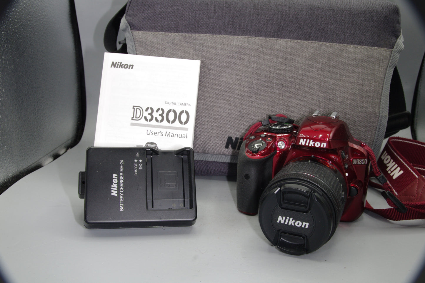 Red Nikon D3300 DSLR 24.2MP + 18-55mm VR Lens & Case – Mint – S/C 875