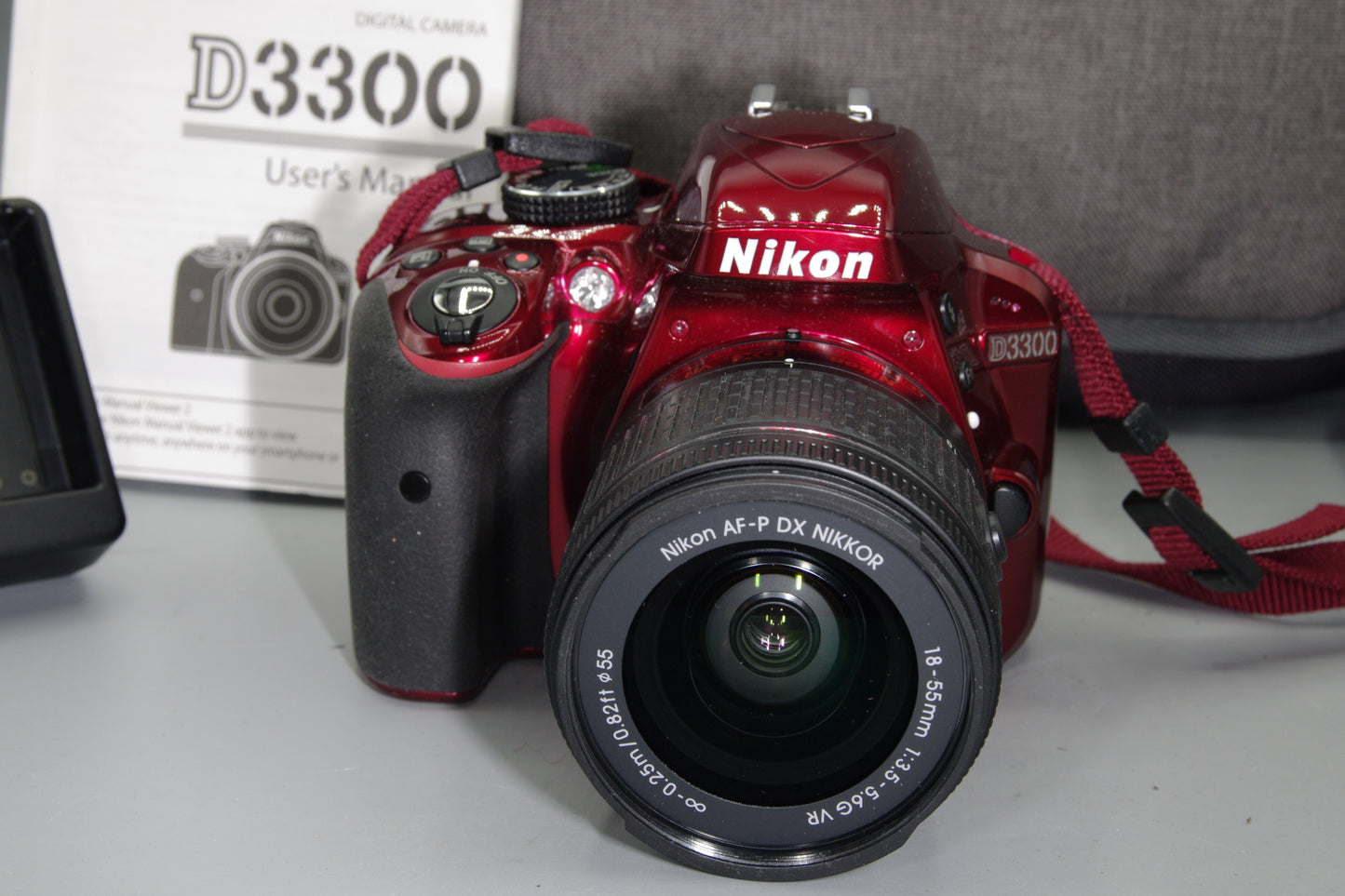 Red Nikon D3300 DSLR 24.2MP + 18-55mm VR Lens & Case – Mint – S/C 875
