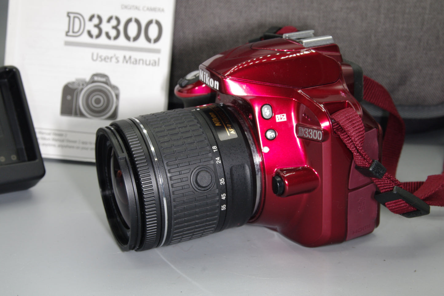 Red Nikon D3300 DSLR 24.2MP + 18-55mm VR Lens & Case – Mint – S/C 875