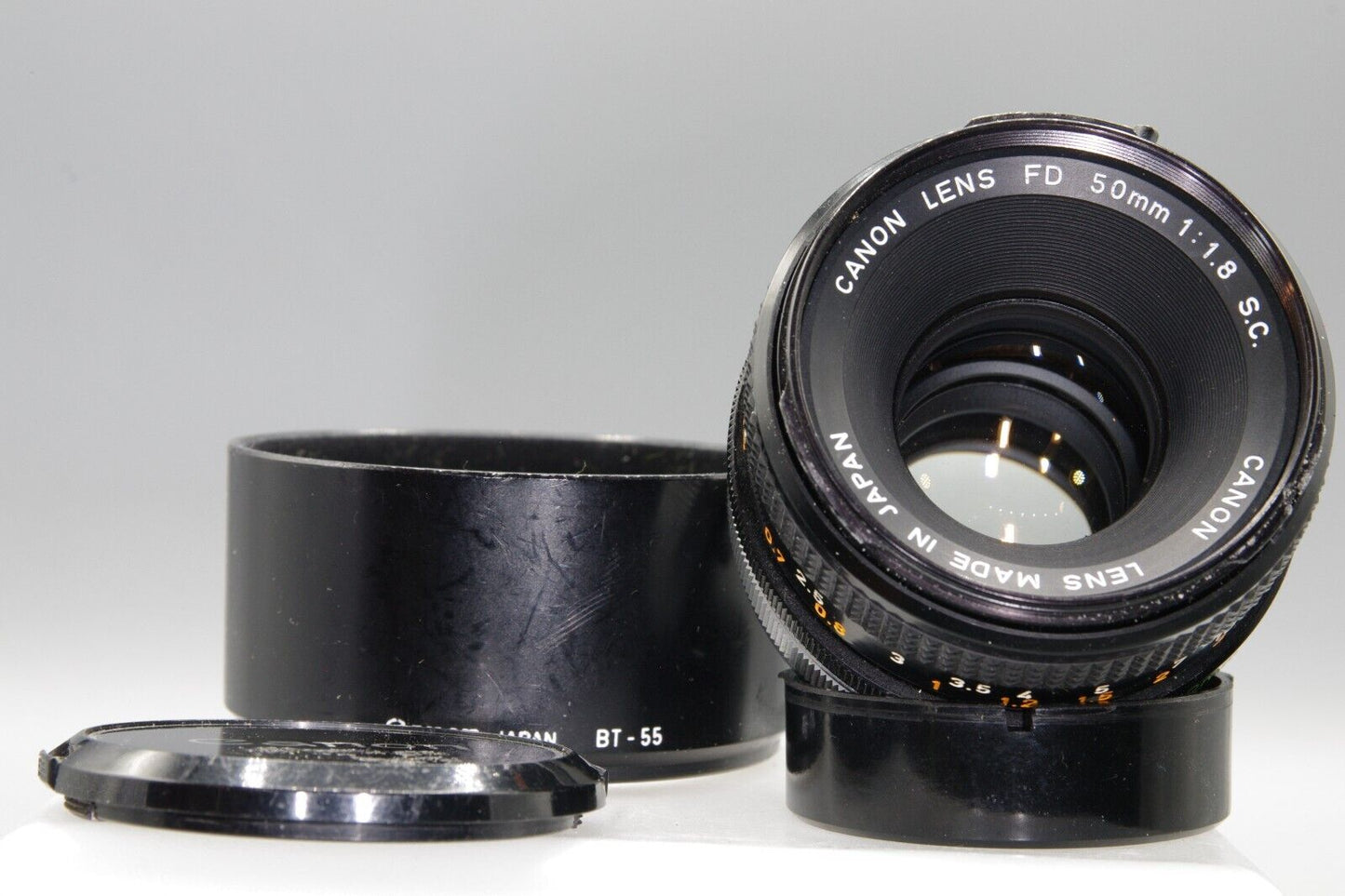 Canon FD 50mm F/1.8 S.C. Lens with caps and hood