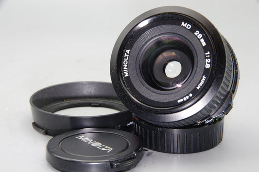 Minolta MD 28mm f/2.8 Lens – both caps and hood
