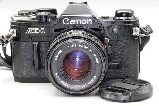 Canon AE-1 35mm SLR + 50mm f/1.8 Lens – Black Body - Excellent