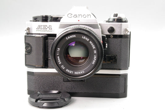 Canon AE‑1 Program + FD 50mm f/1.8 Lens with Winder – Tested & Working – VGC