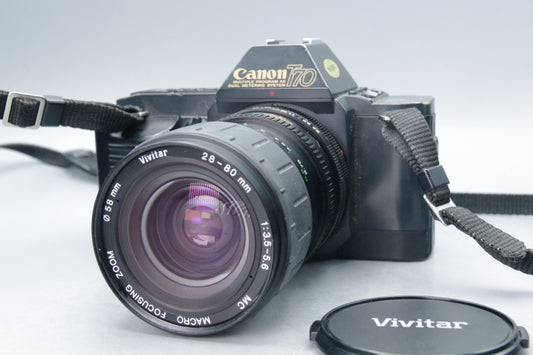 Canon T70 35mm SLR with Vivitar 28-80mm Lens – Tested – Very Good Condition