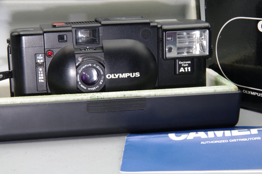Olympus XA 35mm Rangefinder Camera A11 Flash Boxed with Case VGC