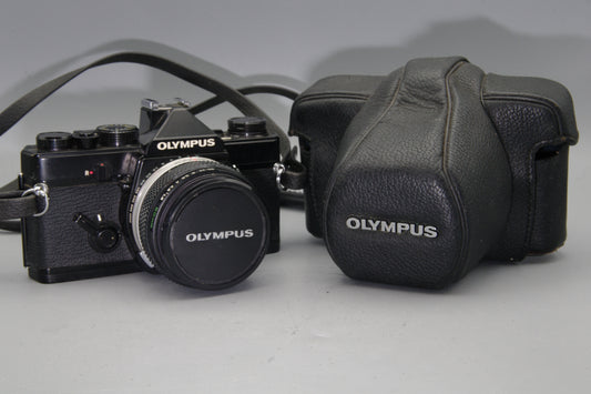 Black Olympus OM-1 35mm SLR Camera 50mm f1.8 Lens Case VGC Minor Issues