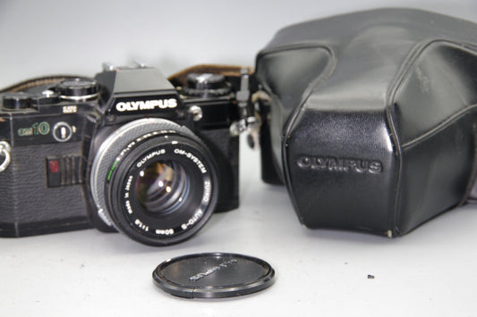 Black Olympus OM10 35mm SLR Camera + 50mm F/1.8 Lens + Batteries
