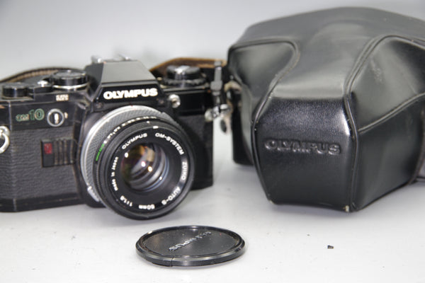 Black Olympus OM10 35mm SLR Camera + 50mm F/1.8 Lens + Batteries