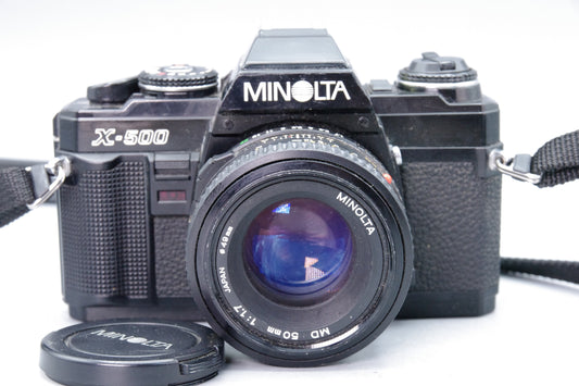 Minolta X-500 35mm SLR + MD 50mm f/1.7 Lens  – VGC – Black