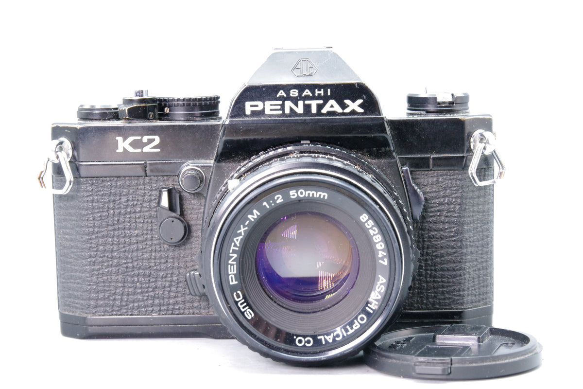 Asahi Pentax K2 Black 35mm SLR with SMC Pentax-M 50mm f2 Lens Eyecup Very Good