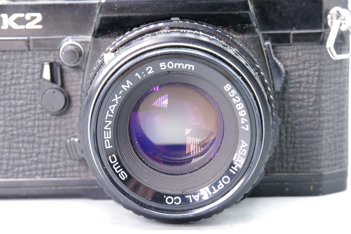 Asahi Pentax K2 Black 35mm SLR with SMC Pentax-M 50mm f2 Lens Eyecup Very Good