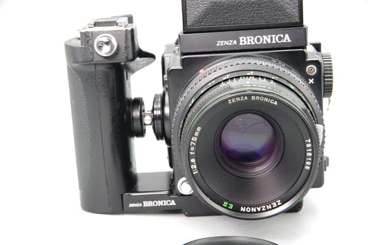 Bronica ETRS Camera with 75mm f/2.8 EII Lens, WLF and Pistol Grip
