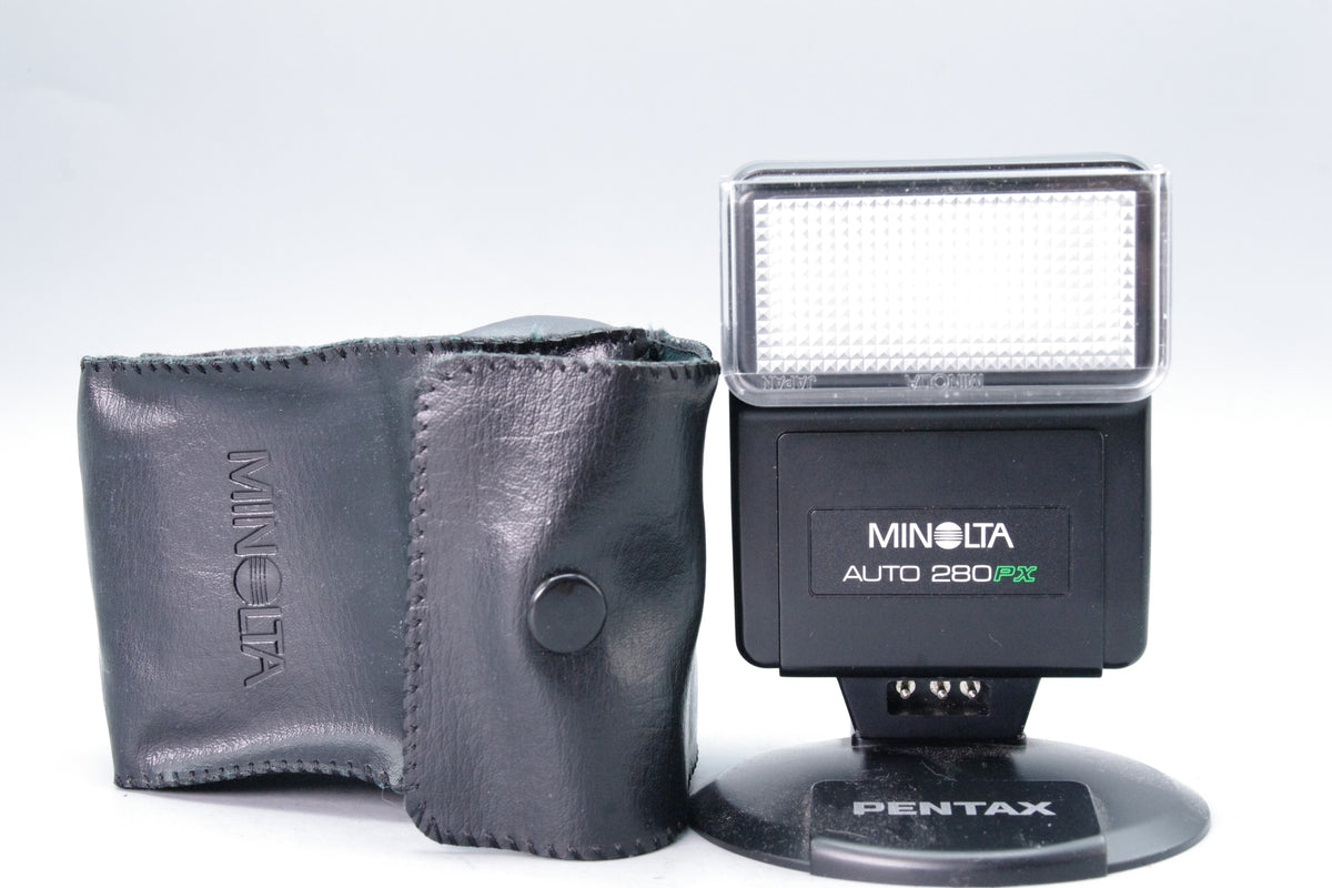 Minolta Auto 280PX Electroflash Shoe Mount Flash Unit Leatherette Case Tested Excellent