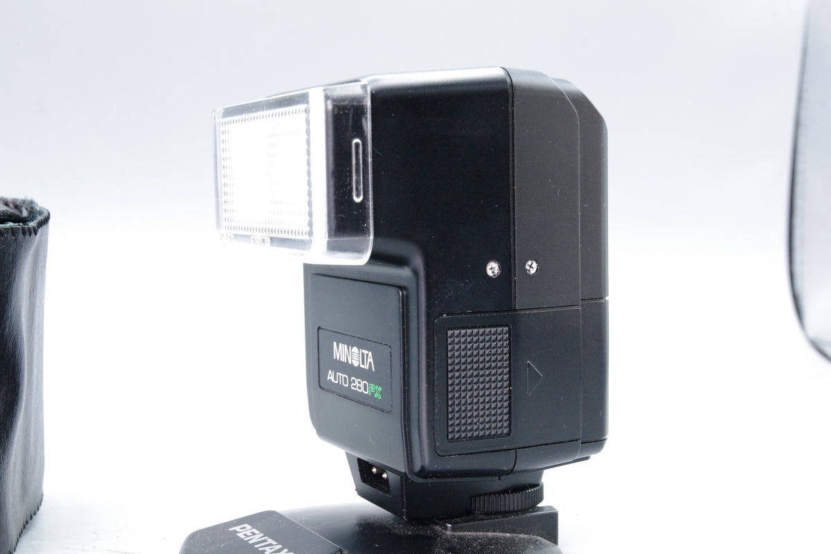 Minolta Auto 280PX Electroflash Shoe Mount Flash Unit Leatherette Case Tested Excellent