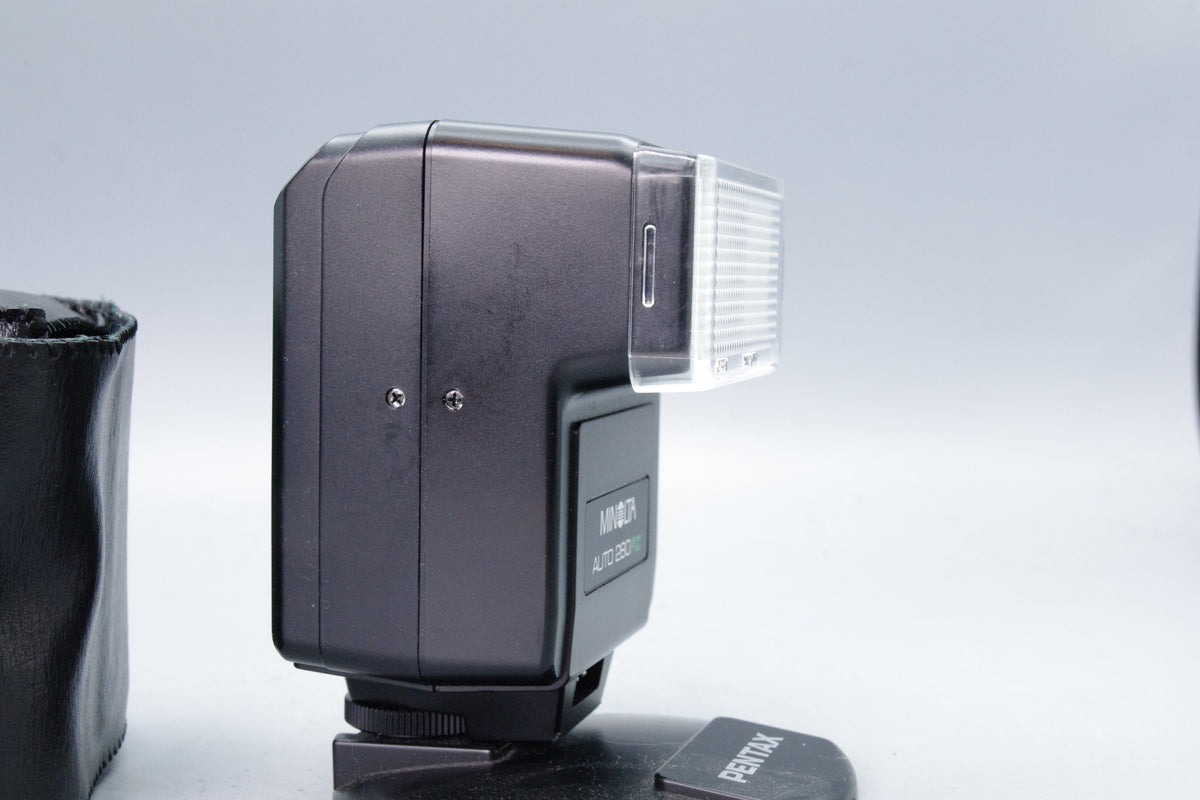 Minolta Auto 280PX Electroflash Shoe Mount Flash Unit Leatherette Case Tested Excellent