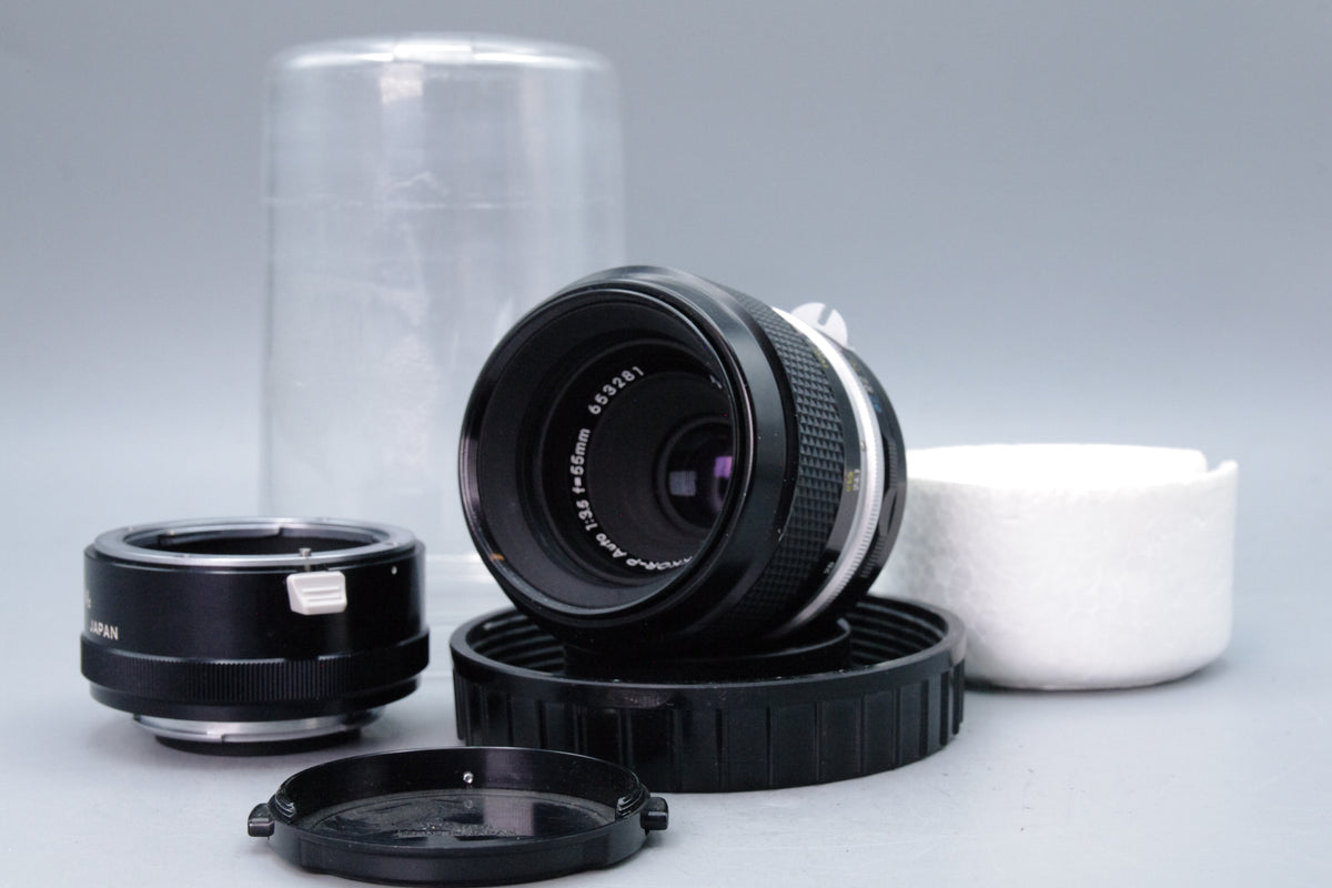 Nikon Micro-Nikkor-P Auto 55mm f3.5 Macro Lens M2 Extension Ring Case Tested Excellent