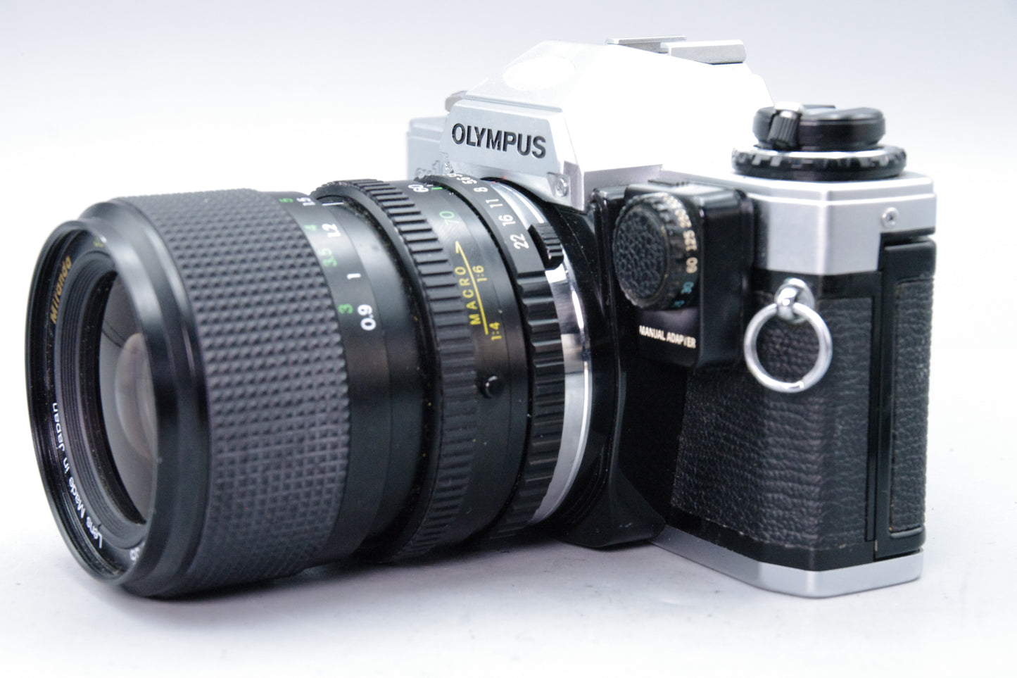 Olympus OM10 35mm SLR Camera + Miranda 35–70mm Lens + Manual Adapter + Batteries