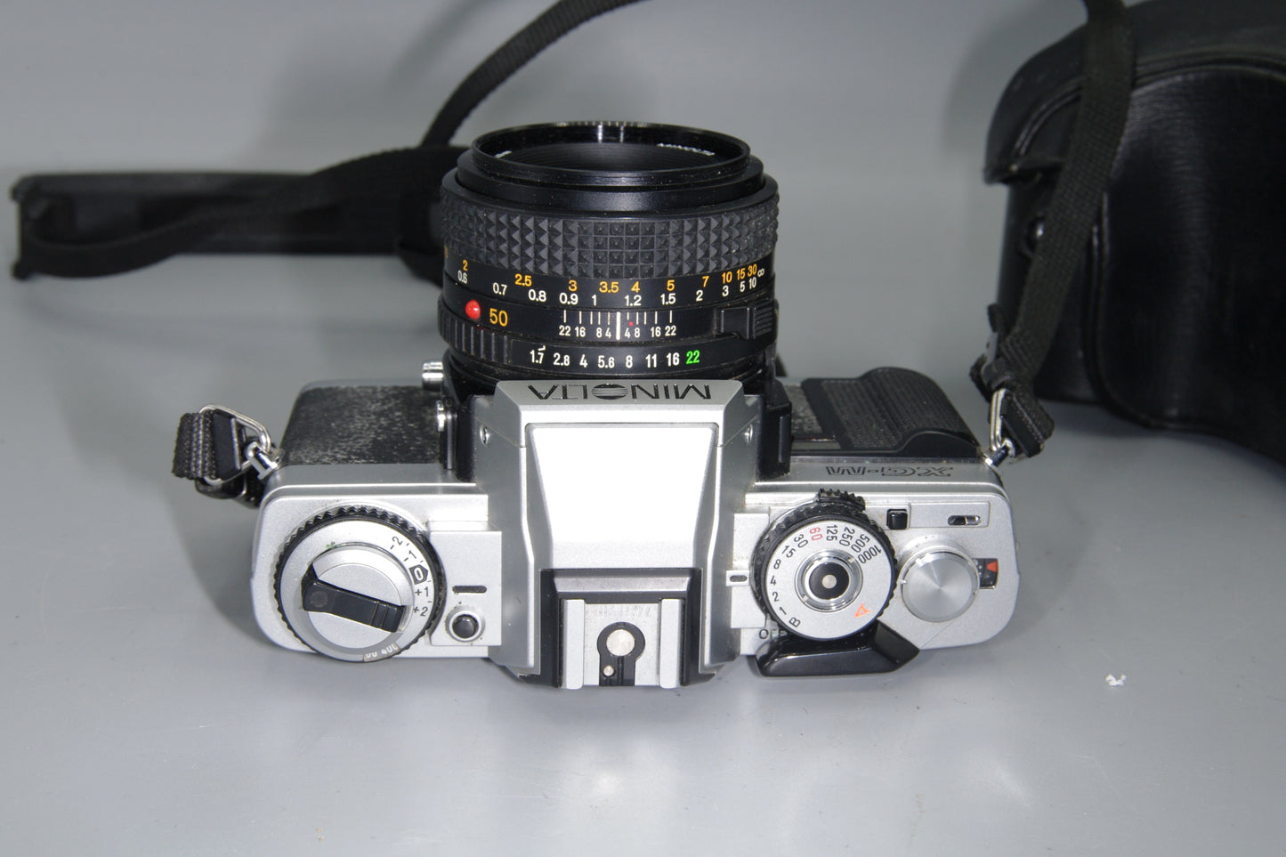 Minolta XG-M 35mm SLR Film Camera + Rokkor 50mm f/1.7 Lens, Case & Batteries