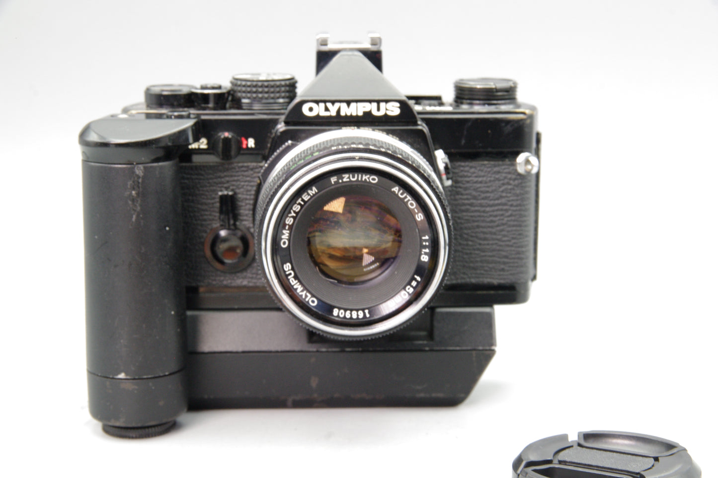 Black Olympus OM‑2 35mm SLR + Zuiko 50mm f/1.8 Lens & Winder 1