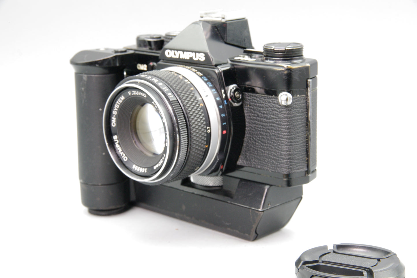 Black Olympus OM‑2 35mm SLR + Zuiko 50mm f/1.8 Lens & Winder 1