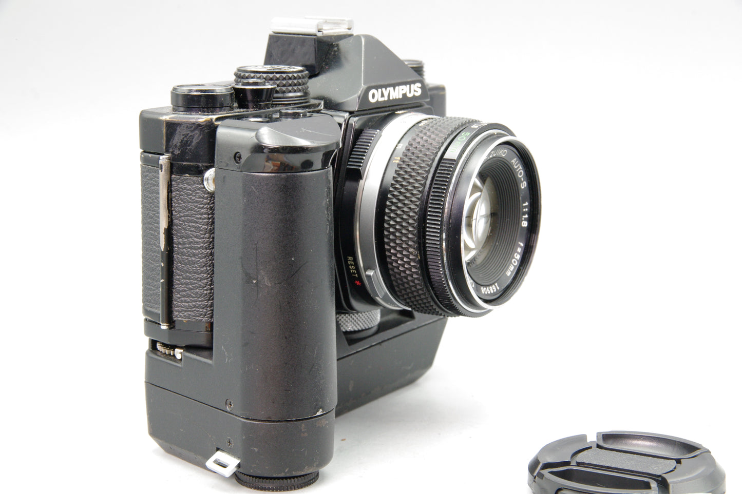 Black Olympus OM‑2 35mm SLR + Zuiko 50mm f/1.8 Lens & Winder 1