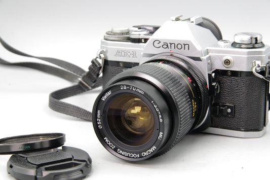 Canon AE‑1 35mm SLR + Vivitar 28‑70mm F3.5‑4.8 Lens – Very Good