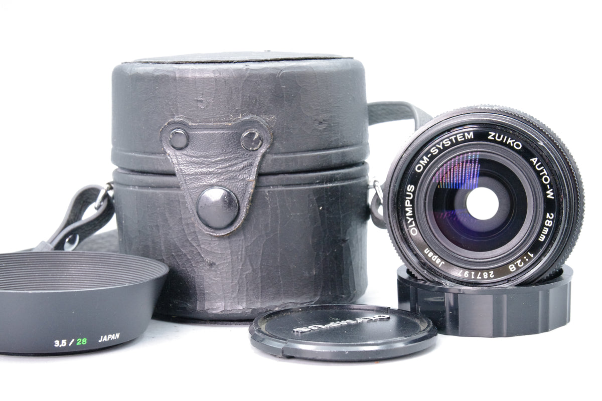 Olympus OM Zuiko AUTO-W 28mm f2.8 Wide Angle Prime Lens Case Hood Caps Tested