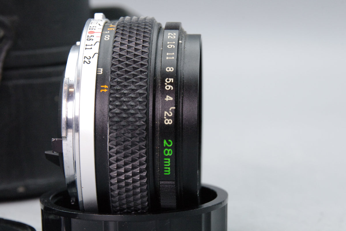 Olympus OM Zuiko AUTO-W 28mm f2.8 Wide Angle Prime Lens Case Hood Caps Tested