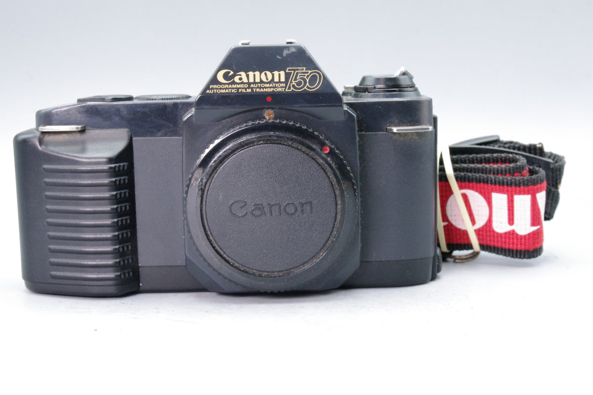 Canon T50 35mm SLR Film Camera Body Programmed Automation FD Mount Cap Strap Tested