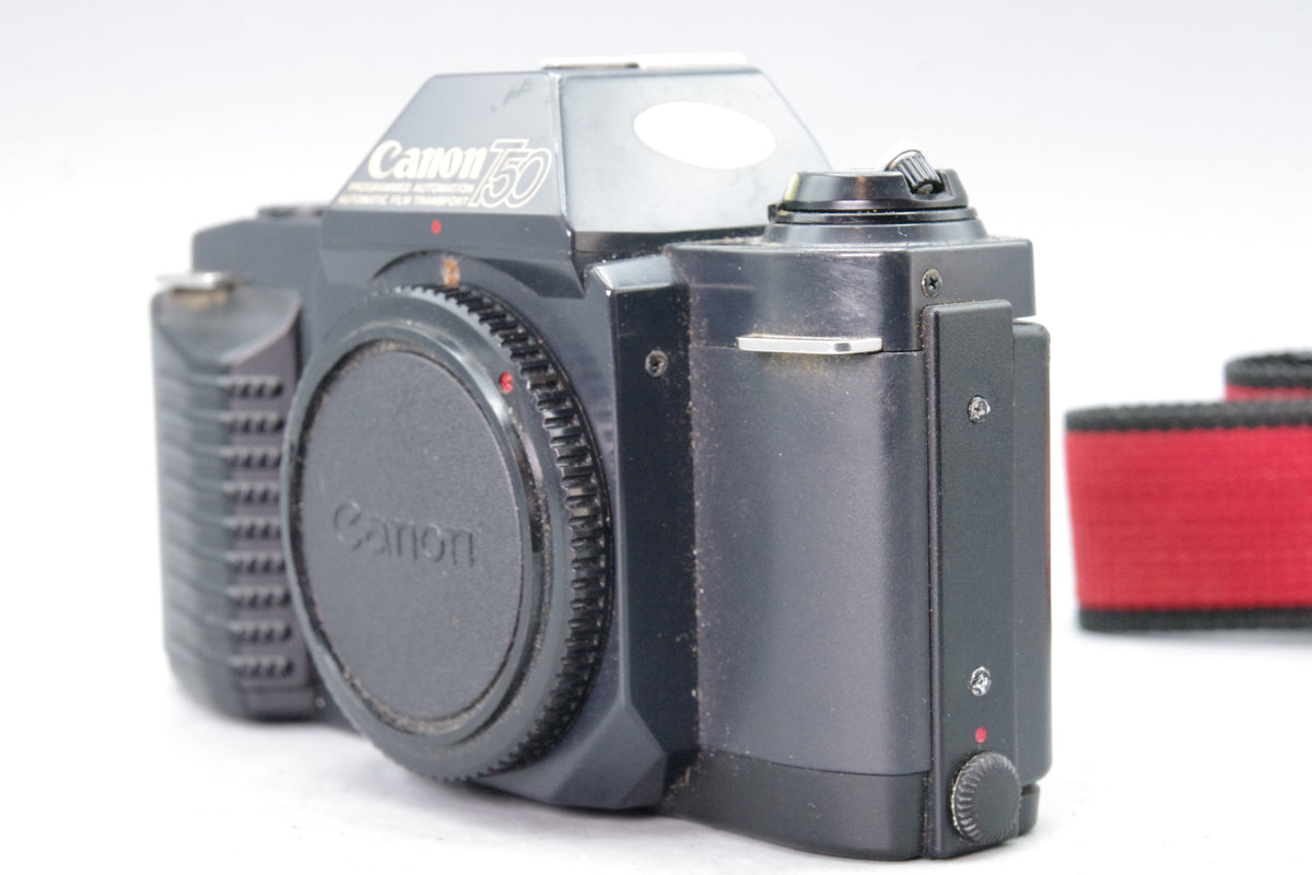 Canon T50 35mm SLR Film Camera Body Programmed Automation FD Mount Cap Strap Tested