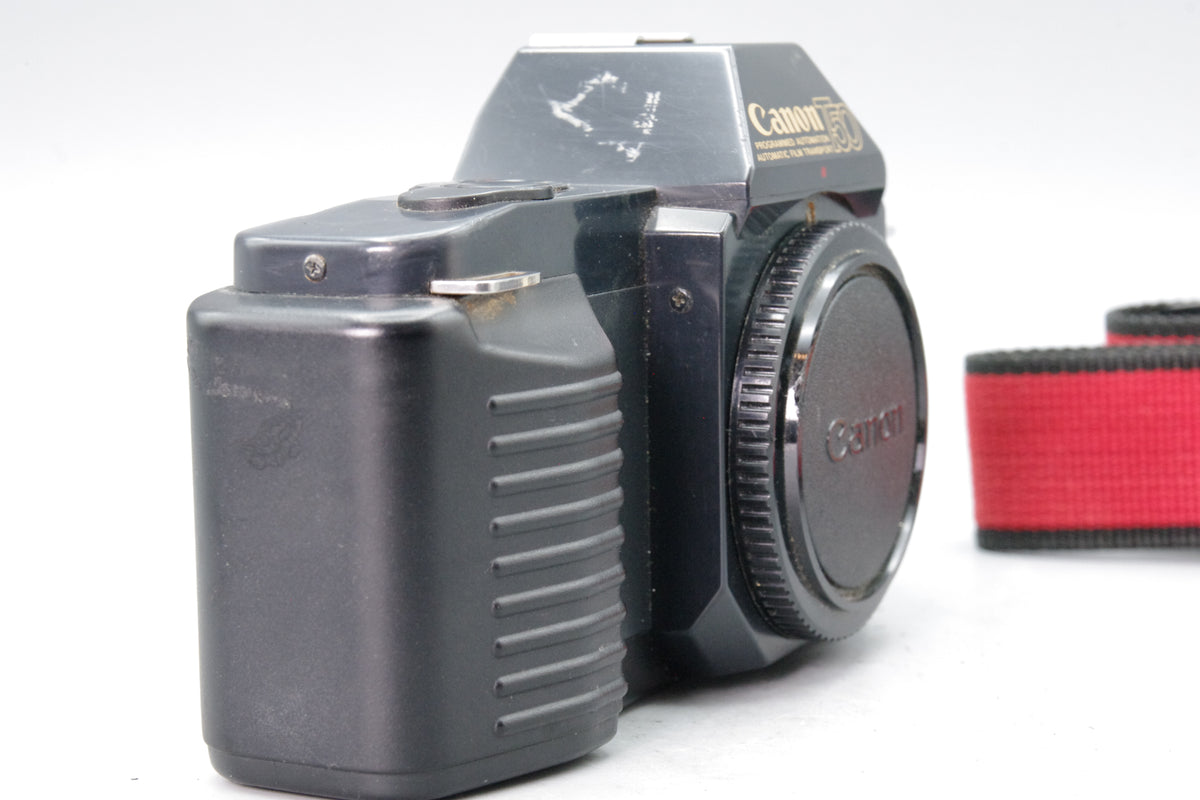 Canon T50 35mm SLR Film Camera Body Programmed Automation FD Mount Cap Strap Tested