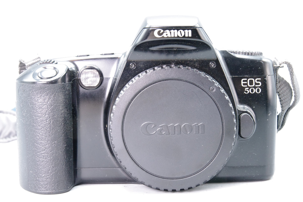 Canon EOS 500 35mm SLR Film Camera Body Black EF Mount Cap Strap Tested