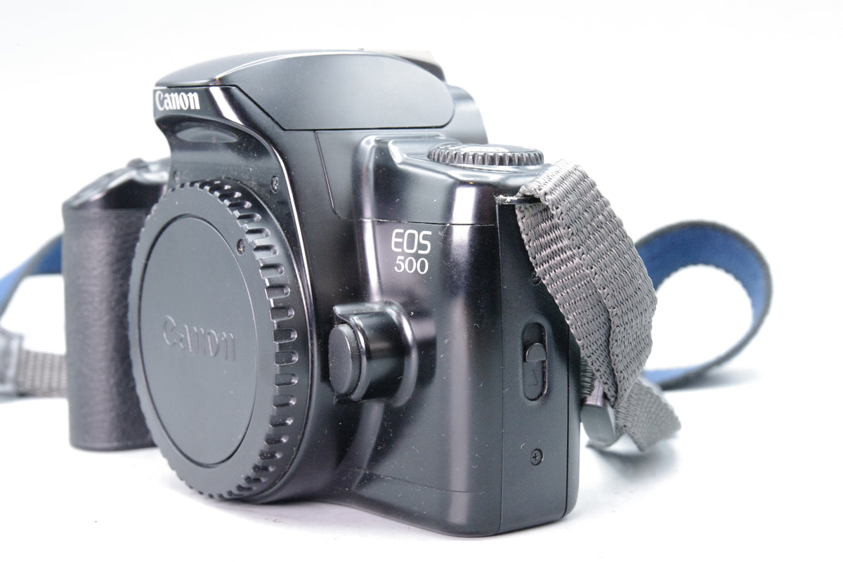 Canon EOS 500 35mm SLR Film Camera Body Black EF Mount Cap Strap Tested