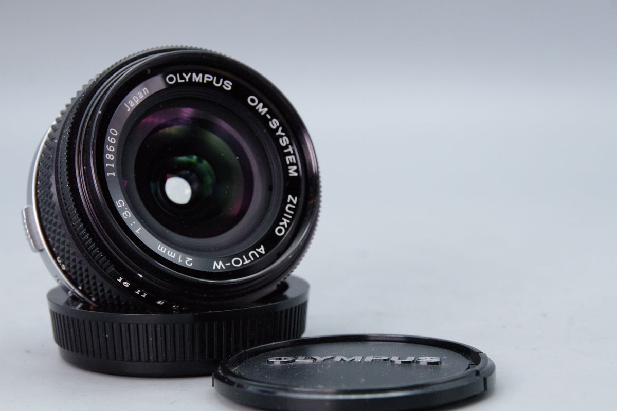 Olympus OM Zuiko MC Auto‑W 21mm f/3.5 Lens – With Caps – Excellent