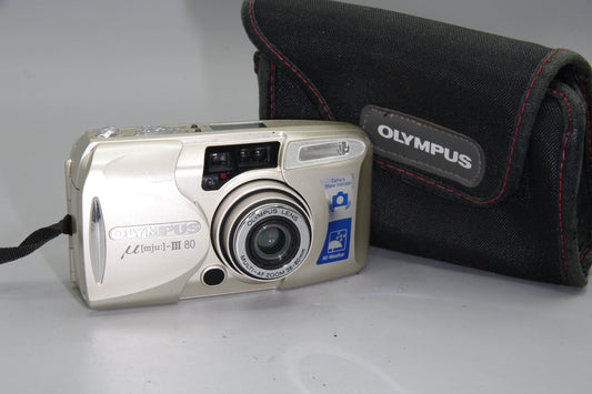 Olympus MJU III Zoom 80 35mm Film Camera with Case – Compact All Weather