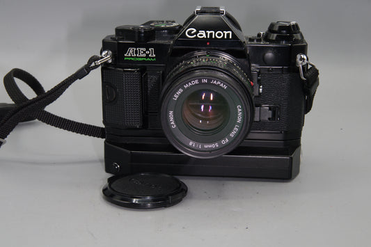 Canon AE-1 Program + FD 50mm f/1.8 Lens  Black with Winder - Excellent