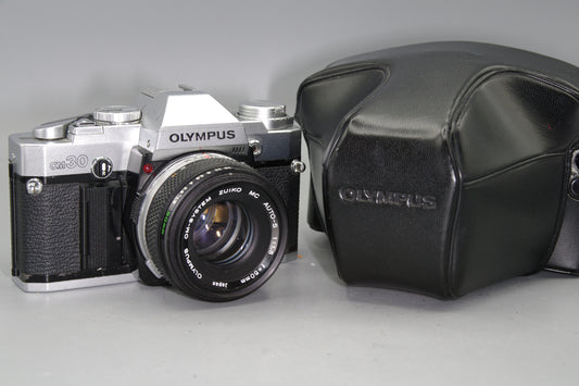 Olympus OM30 35mm SLR Camera with 50mm Lens and Case + New Batteries