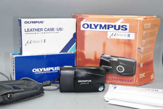 Olympus MJU II 35mm Film Camera Boxed with Case Paperwork Classic Point & Shoot