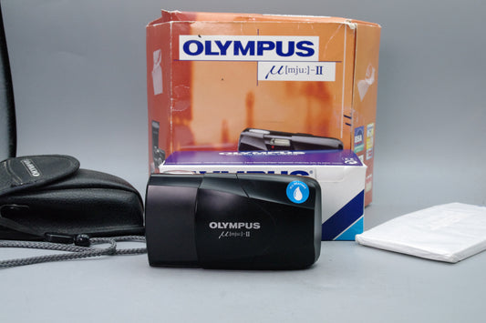 Olympus MJU II 35mm Film Camera Boxed with Paperwork & Case Nr Mint