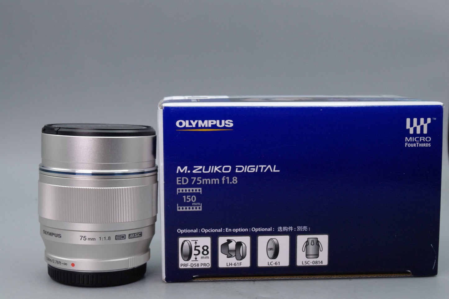 Olympus M.Zuiko Digital ED 75mm f/1.8 Lens – Silver – Boxed – Near Mint