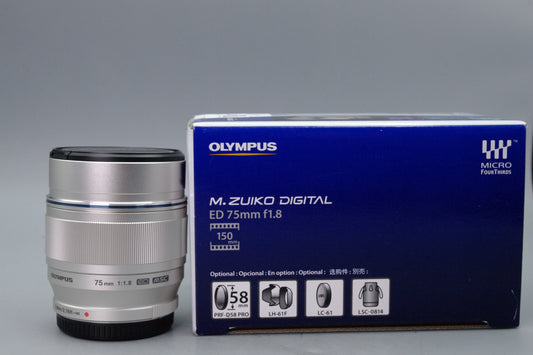 Olympus M.Zuiko Digital ED 75mm f/1.8 Lens – Silver – Boxed – Near Mint