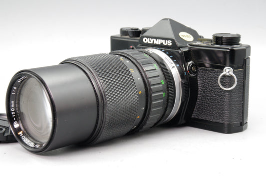 Black Olympus OM‑1 35mm SLR + Zuiko 75–150mm Lens- Tested and Working