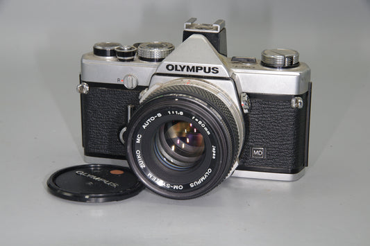 Olympus OM-1N 35mm SLR Film Camera + 50mm F1.8 Lens Tested Working Excellent