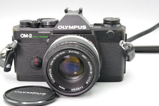 Olympus OM-2 Spot/Program 35mm SLR + 50mm f/1.8 Lens + New batteries