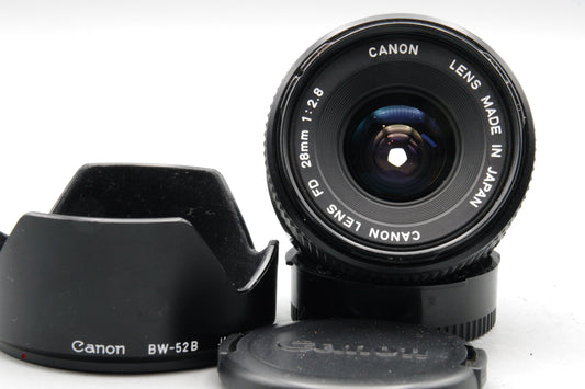 Canon FD 28mm f/2.8 Wide Angle Lens + Hood – Sharp – VGC