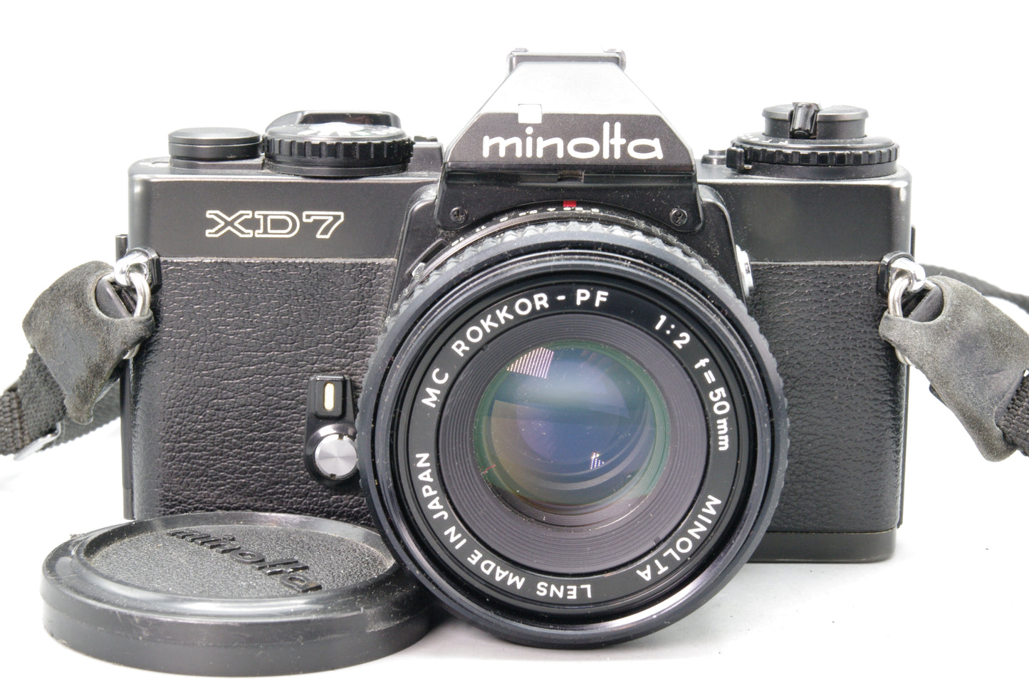 Minolta XD7 Black 35mm SLR + Rokkor‑PF 50mm f/2 – Tested – Excellent + Batteries